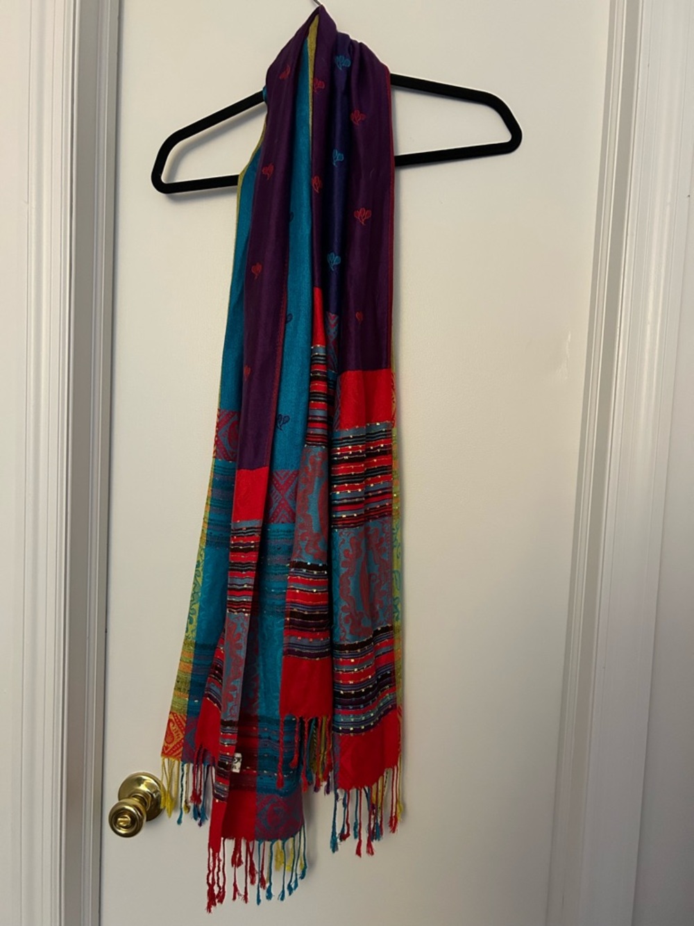 Colorful Boho Patchwork Scarf - Teal, Red & Purple